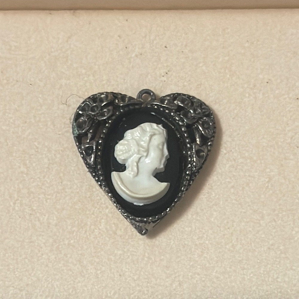 Silver and Black Heart Necklace Charm with Cameo Design